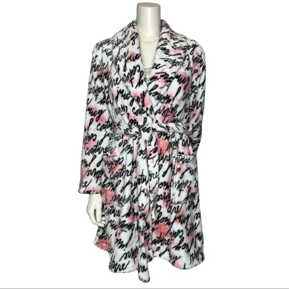 Juicy Couture Sleepwear Watercolor Logo Tie Belt Plush Fleece Short Robe S/M